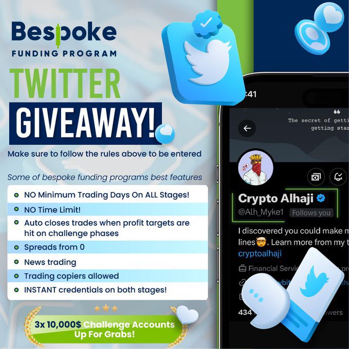Alh_Myke1's tweet photo. $10,000 Funded accounts to 3 Followers

Follow ‘@Alh_Myke1 and @Techriztm ’ 
Follow @bespoke_funding
Join the discord 

https://t.co/L1hIRiHOzq

Like, retweet and tag two of your favourite traders!

I’m picking winners in 48 Hrs

LFG🔥🔥 https://t.co/bppQZYmUMT