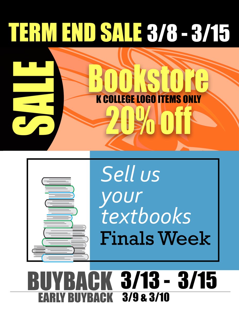 KCampusStore's tweet photo. Our End-of-Term sale starts this week! In-store and online you will receive 20% off any Kalamazoo College logo items. 

Next week we have buyback Monday, Tuesday, and Wednesday. Bring in your books to our registers and we will see if we are buying what you have. https://t.co/VTSgHtPaUf