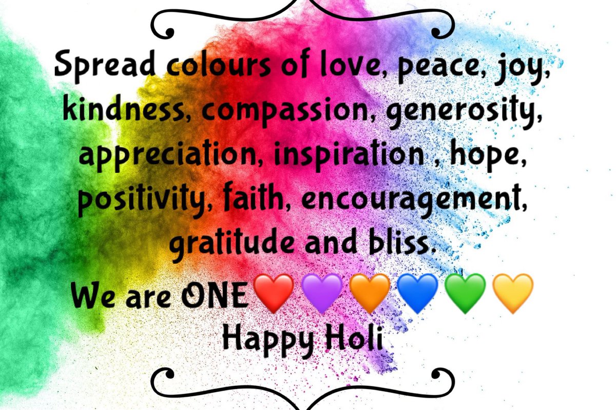 Jyotimaprasad's tweet image. Happy Holi ❤️💜💖💚💛🧡💙 May we all get drenched in divine love and spread colours of love, peace, joy, gratitude, compassion and kindness❤️💙💚💜💛💖 #HappyHolieveryone #ColoursOfHappiness #365daysofgratitude #365daysofcompassion #weareone