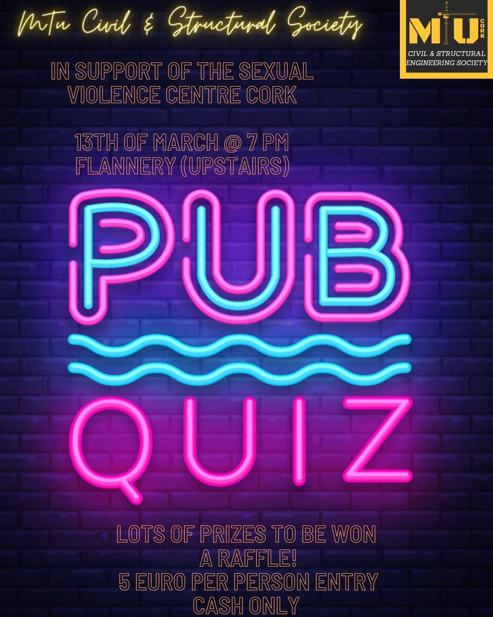 !!!+New Event!!!
 We are hosting a pub quiz March 23rh @ 7pm in Flannerys in aid of the Sexual Violence Centre Cork. 
Entry is €5 to be paid in cash at the door. Walk-Ins are more than Welcome:)))  
Hope to see you there!!!!!