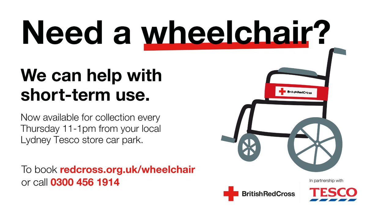 New pop-up wheelchair loan service <a href="/Tesco/">Tesco</a> now available 11-1pm every Thursday from your local #Lydney Tesco store car park at Newcastle Road. Please visit redcross.org.uk/wheelchair if you need a wheelchair for the short-term