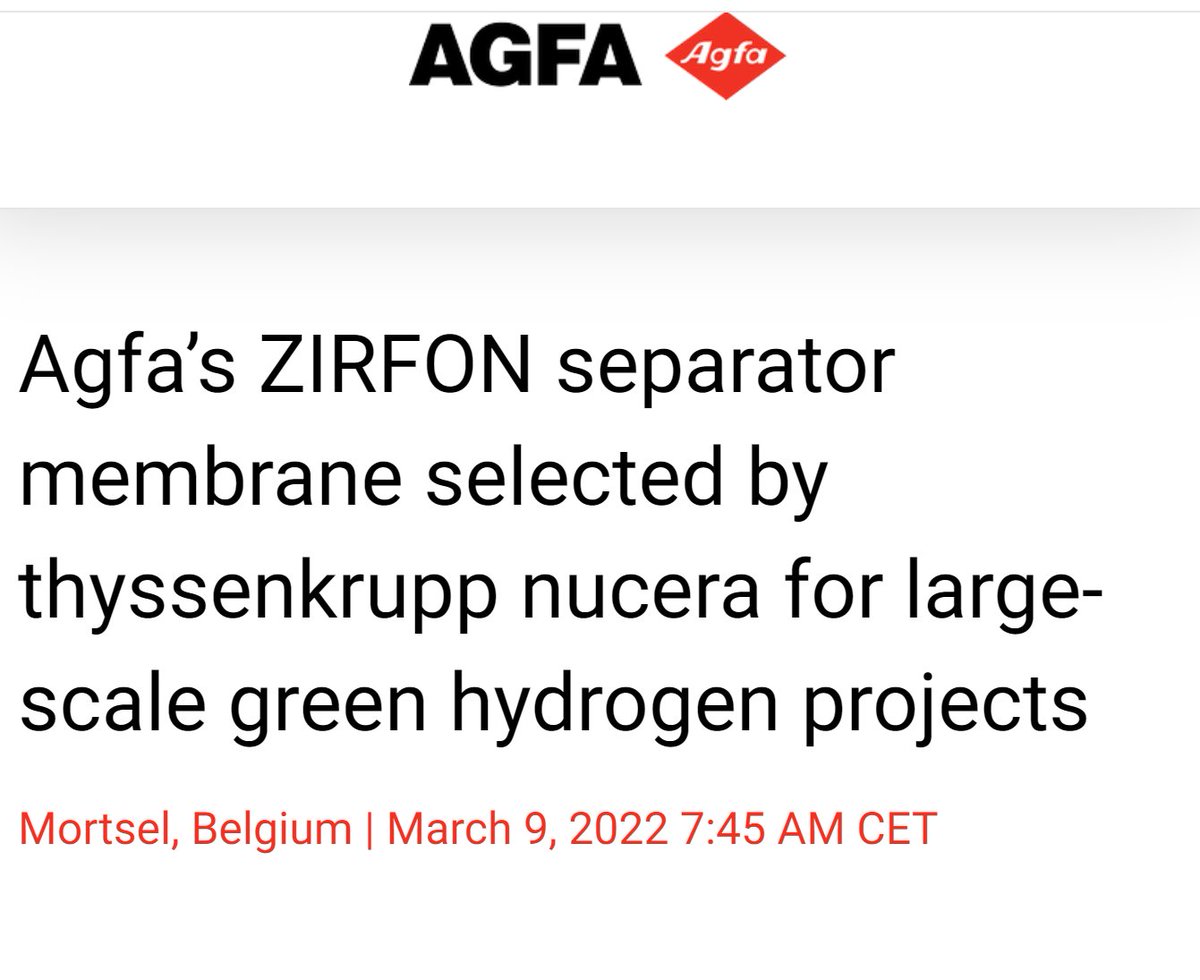 KeithDPatch's tweet image. 🚨🚨#Twofer 
1) Move over #gigafactory! Agfa to build 𝟮𝟬𝗚𝗪/yr Zirfon membrane plant 🇧🇪to meet alkaline electrolysis demand for green hydrogen
2) @thyssenkrupp_en @thyssenkruppnca buys #agfa #zirfon membrane for large-scale alkaline electrolyzers #H2 #hydrogen #GreenHydrogen