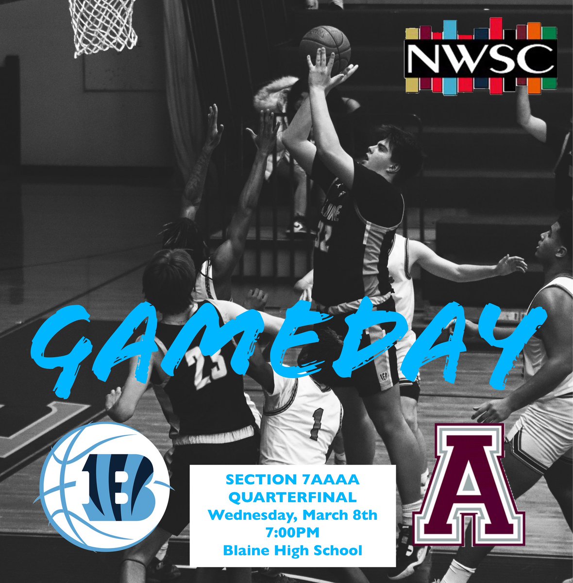 🚨GAMEDAY🚨
Blaine vs. Anoka (H)
Section 7AAAA Quarterfinal
Theme: 🧊 BABY BLUE OUT 🧊 
🔹 7:00 Tip Off
🎟️ - Online Only (LinkTree) &amp; QR Code upon Entry
Visit our LinkTree (in Bio) for Website, Tickets, and our Social Media Platforms
linktr.ee/blaineboyshoop…
#BlueBlooded
🐅🏀