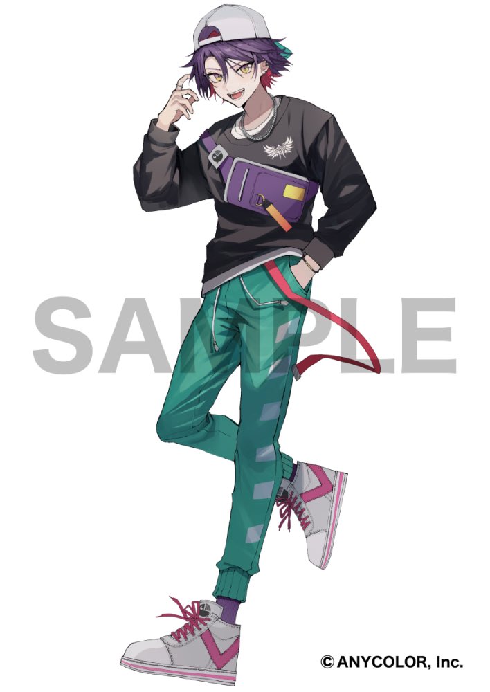 1boy male focus solo hat purple hair pants yellow eyes  illustration images