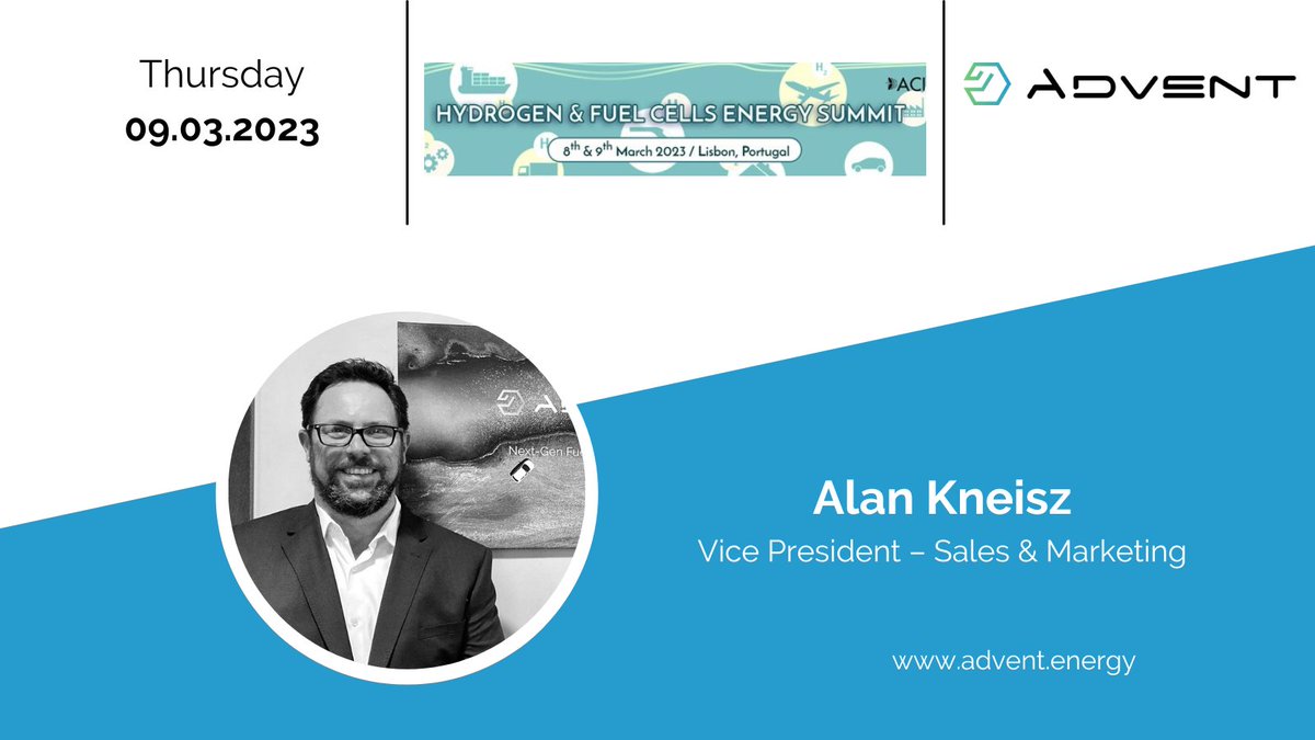 adventnrg's tweet photo. #AdventTechnologies VP of Sales & Marketing Alan Kneisz is speaking this Thursday (March 9) about #Hydrogen and #FuelCell Technology at the 6th Hydrogen & Fuel Cells Summit in Lisbon, Portugal. https://t.co/aPVx9TNc6i