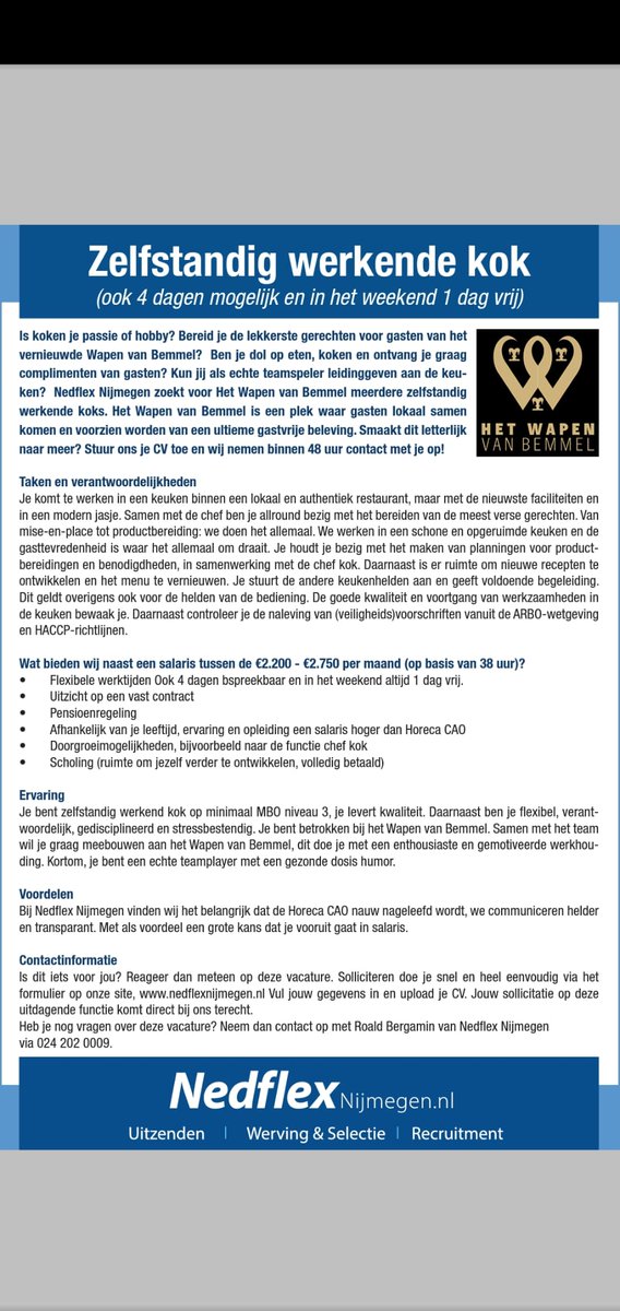 NedflexNijmegen's tweet photo. #vacature alert #zelfstandig werkende #kok #Bemmel 
Delen wordt gewaardeerd 😊 https://t.co/ziu1dISiC6