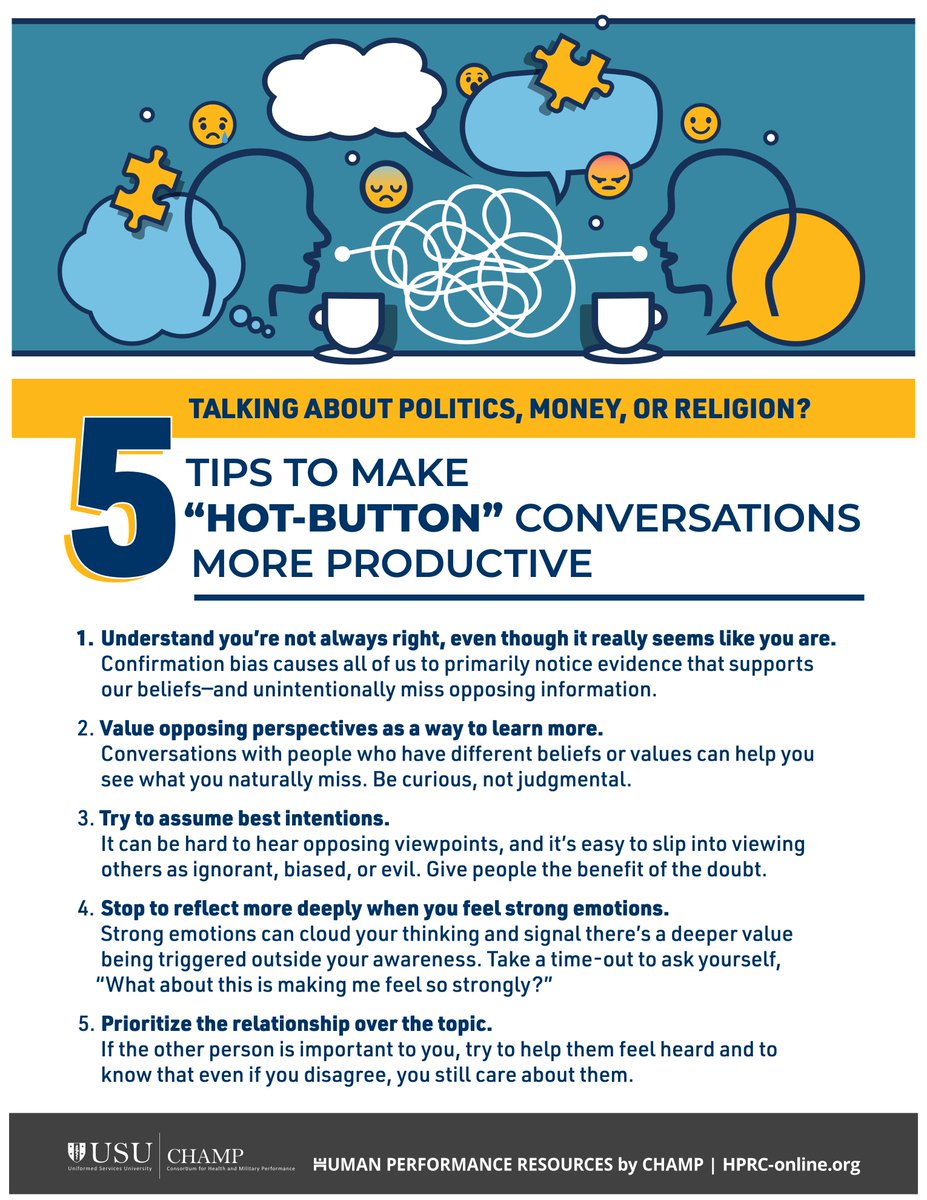 HPRConline's tweet image. Here are 5 tips to overcome #confirmationbias and have “hot-button” #politicaldiscussions that can improve your relationships. #HPRConline