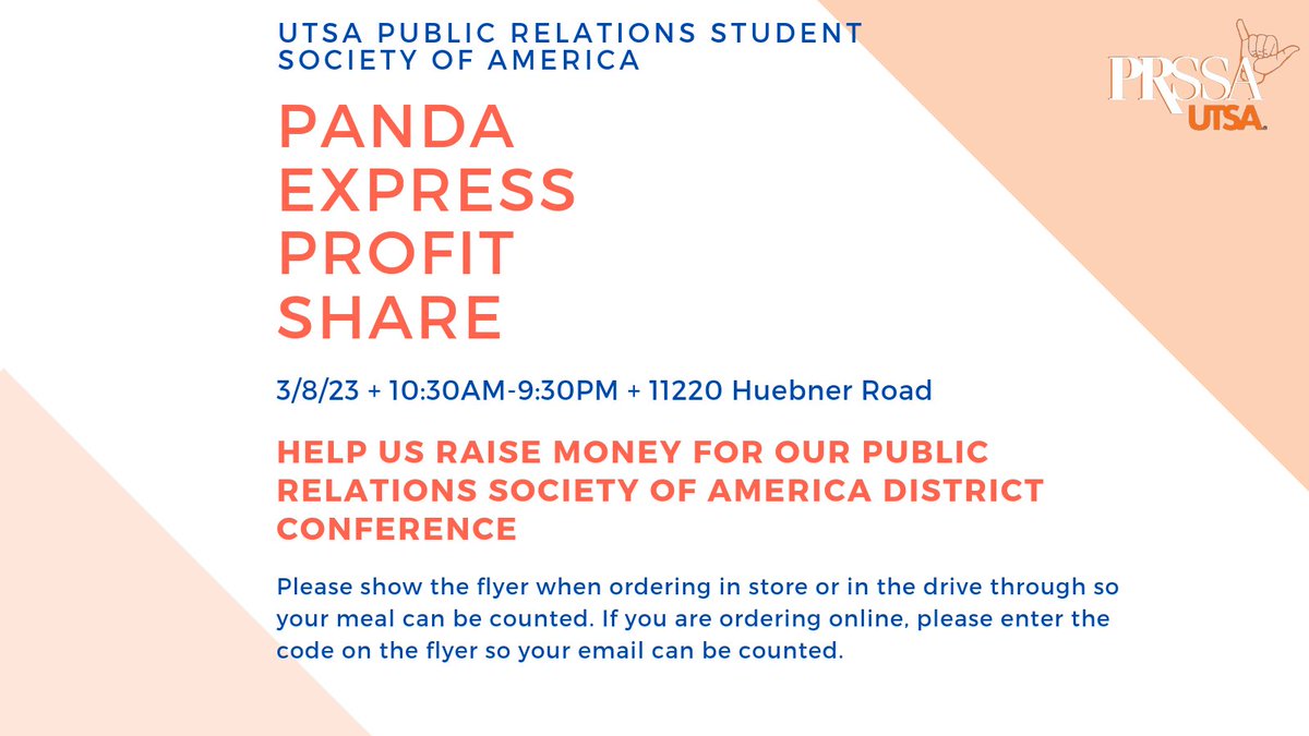 PRSSA_UTSA's tweet photo. Craving Panda Express? Stop by today and help the UTSA PRSSA chapter raise money for our upcoming Southwest District Conference! 

Check out our website in our bio to see all the conference details and register! https://t.co/10sEfYImjk
