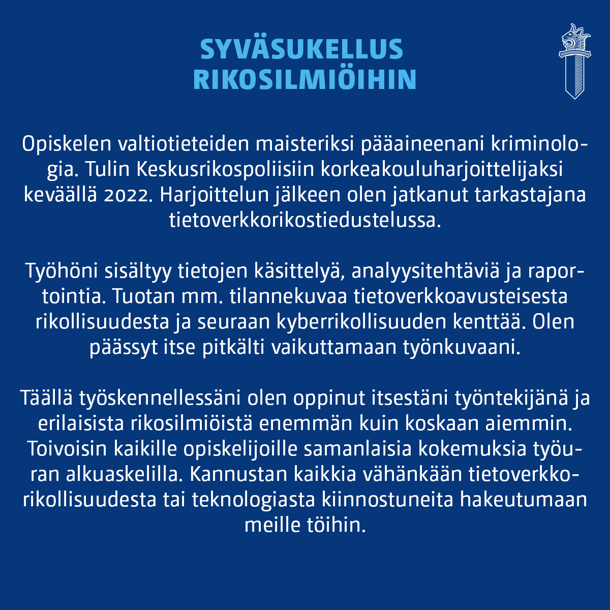 Kyberkeskus's tweet photo. Meillä #poliisi'n kyberrikostorjuntakeskuksessa näkyy #ICT-alan yleinen trendi: naisia on työntekijöistä vain murto-osa. 

Kansainvälisen #naistenpäivä'n kunniaksi esittelemme kyberkeskuksen eri toiminnoissa työskentelevien naisten #ura'tarinoita. 1/2 https://t.co/nfRCfX3wPd