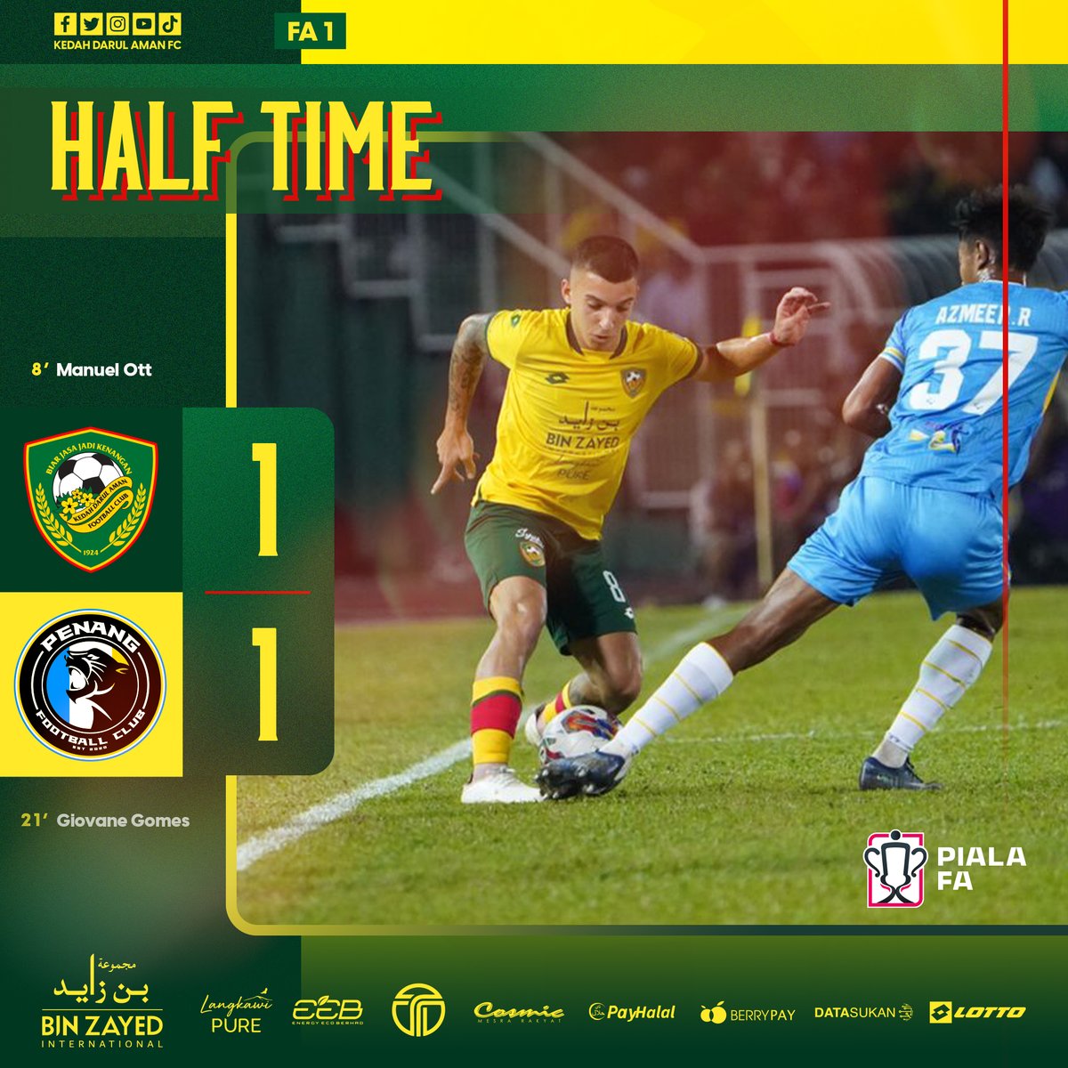 kda_fc's tweet photo. ⚔ HALF TIME ⚔

HT | KDA FC 1 - 1 PENANG FC

⚽ 8' Manuel Ott (KDA)
⚽ 21' Giovane Gomes (PEN)

#KDAFC #PulunKedahPulun #SangKenari #BiarJasaJadiKenangan #2023season #membinaimpianmengupayalegasi #PialaFA #FA1 #KDAPEN https://t.co/OA5hVpr3hP