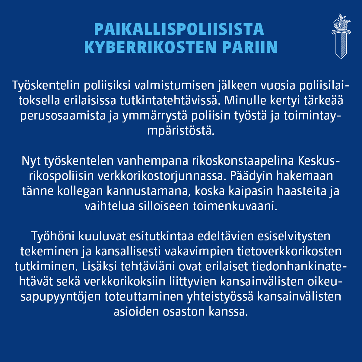 Meillä #poliisi'n kyberrikostorjuntakeskuksessa näkyy #ICT-alan yleinen trendi: naisia on työntekijöistä vain murto-osa. 

Kansainvälisen #naistenpäivä'n kunniaksi esittelemme kyberkeskuksen eri toiminnoissa työskentelevien naisten #ura'tarinoita. 1/2