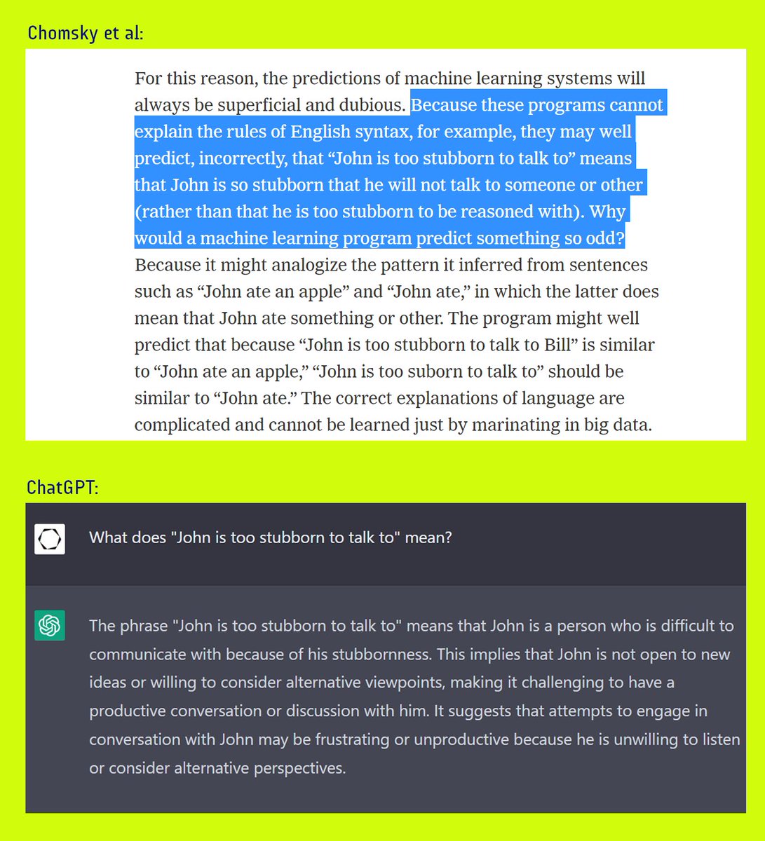 DailyNousEditor's tweet photo. I disagree with the Chomsky, Roberts, and Watumull op-ed on ChatGPT, but, credit where credit is due: this example of theirs is perfect. https://t.co/wgXZdmYeY7