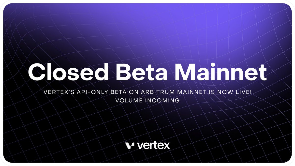 1/ Vertex Launches API-only Beta on Mainnet ⚡ 

Vertex’s contracts are now deployed on <a href="/arbitrum/">Arbitrum</a> mainnet! The API-only Beta marks the first phase of the launch sequence – enabling automated traders to trade on Vertex.

It will run for several weeks before the mainnet launch.

🧵