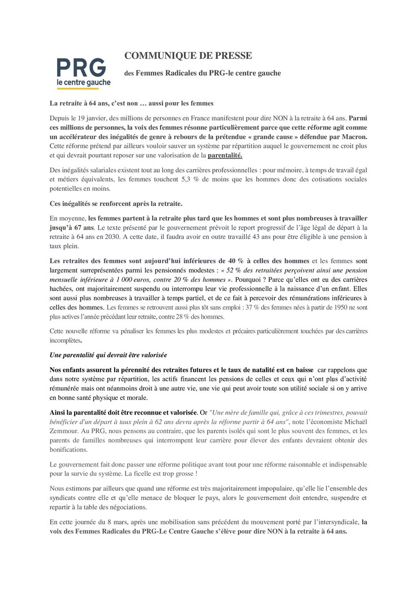 FemmesRadicales's tweet photo. Après une mobilisation sans précédent #7mars, la voix des #femmes @PartiRadicalG s’élève pour dire NON à la retraite à 64, une réforme qui agit comme un accélérateur des inégalités de genre et prétend sauver un système par répartition auquel le gouvernement ne croit plus #8mars. https://t.co/sUpzjpLGqu