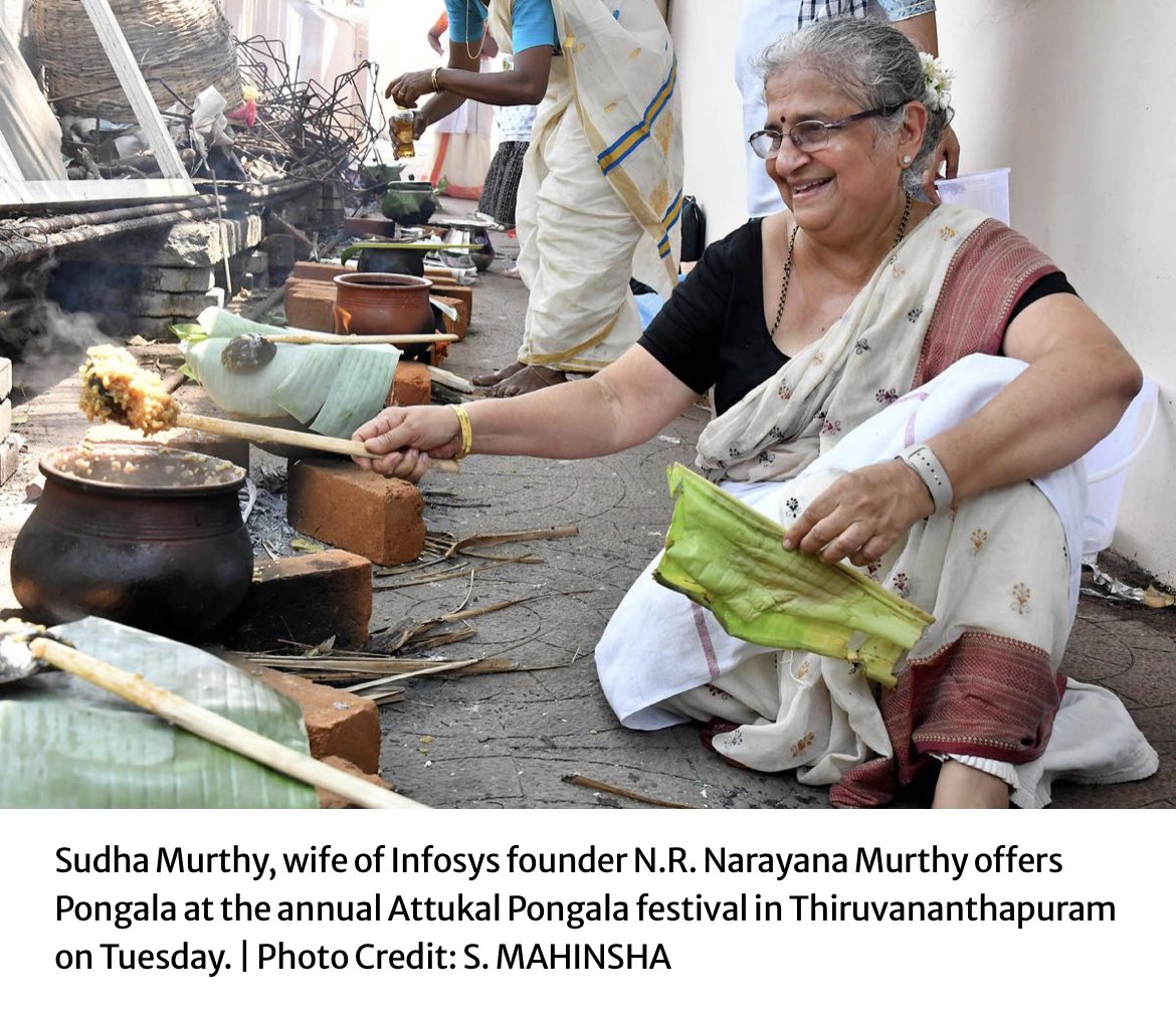 Sudha Murthy, wife of Infosys founder Narayan Murthy & mother-in-law of British PM Rishi Sunak offers ponkala at the Atukal Ponkala festival, Trivandrum.
She said “It is ‘nari shakti.’ So many women, on their own coming from so many places. There is so much equality as women...”