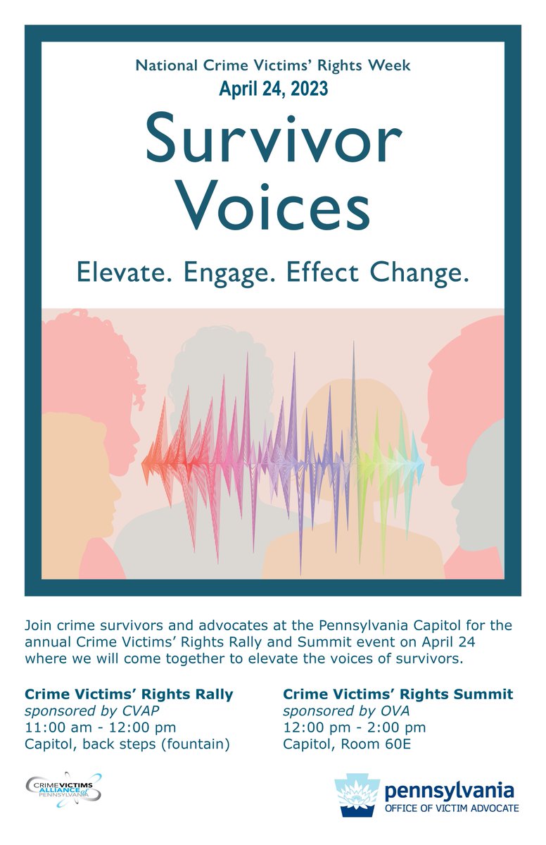 During National Crime Victims' Rights Week, advocates &amp; survivors stand together to confront barriers to achieving #justice. 

Join us at the PA Capitol on April 24 as we elevate the voices of #survivors and celebrate the accomplishments of the #victimsrights movement.

#NCVRW
