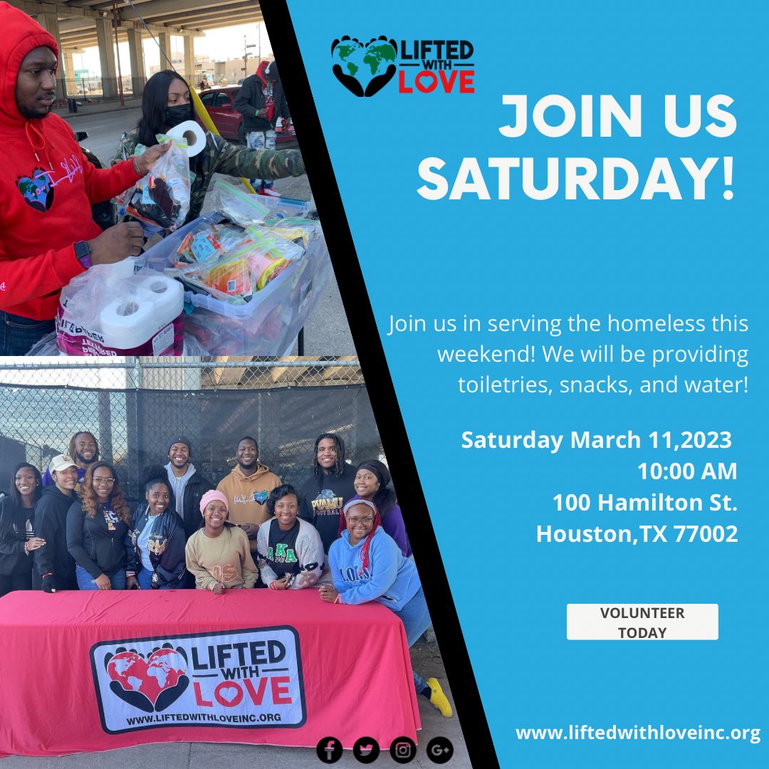 Join us in serving the homeless this weekend!! We will be providing toiletries, snacks, and water. Bring your own items to donate for extra community service hours if needed! See you there ❤️🌎 #houstoncharity #houstonnonprofits #donate #volunteer #smallnonprofits #explorepage