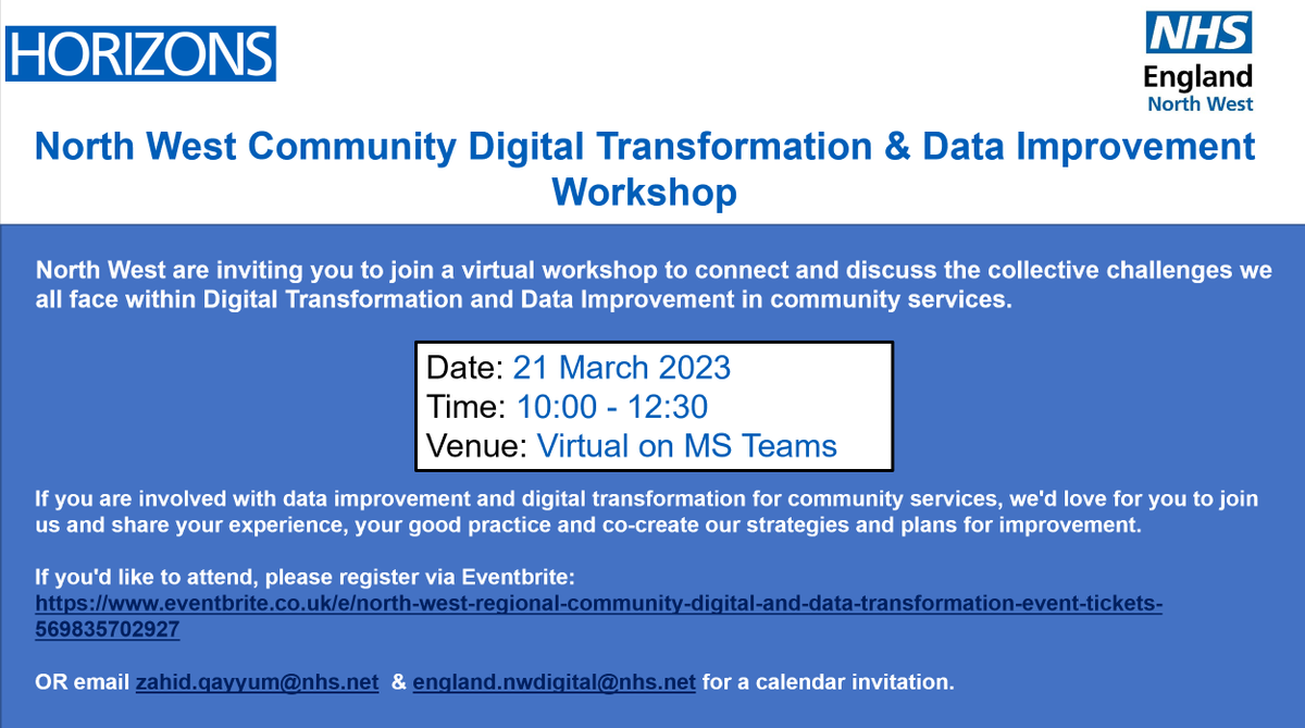 Are you interested in how digital transformation and data improvement can support community services better? NHSE North West are hosting an event on the 21st March and would value your input. Details below for joining. I'll be ther hosting the morning's activities! @HorizonsNHS