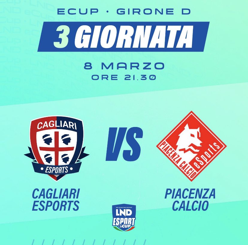 Piacenza Calcio eSports (@piacenza_esp) on Twitter photo ๐ฅ
|MATCH DAY
๐
|08/03/2023
โ๏ธ |21:30
๐ | <a href="/cagliariesports/">Cagliari eSports</a>
๐ |<a href="/LNDEsport1/">LND Esport</a> LND #eCup ๐ฅ
|MATCH DAY
๐
|08/03/2023
โ๏ธ |21:30
๐ | <a href="/cagliariesports/">Cagliari eSports</a>
๐ |<a href="/LNDEsport1/">LND Esport</a> LND #eCup