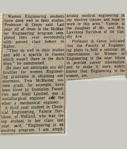 McMasterEng's tweet photo. Back in the 70s, Valerie Davidson ‘75, was one of four woman in her first year. She’s featured in this newspaper article from the 70s touting our five-fold increase to 9% women representation. https://t.co/SPcbHF0tiB