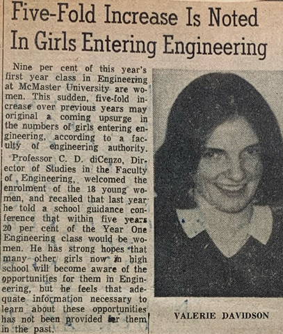 McMasterEng's tweet photo. Back in the 70s, Valerie Davidson ‘75, was one of four woman in her first year. She’s featured in this newspaper article from the 70s touting our five-fold increase to 9% women representation. https://t.co/SPcbHF0tiB