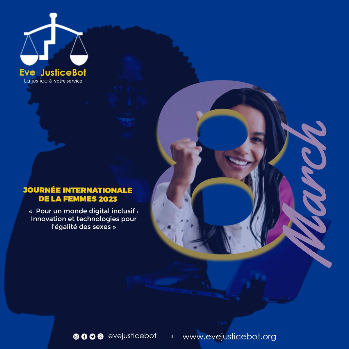 Aujourd'hui nous célébrons cette femme forte, intelligente, talentueuse, innovante et simplement merveilleuse.
Tous mains dans la mains luttons pour un monde juste et équitable.
Bonne fête à toutes les femmes du monde
#EveJusticeBot #journeeinternationaledesdroitsdesfemmes #8mars