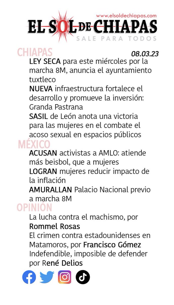 elsoldechiapas's tweet photo. #ELBRIEF de #elsoldechiapas para que salgan de casa bien informados 08.03.23 https://t.co/0jPwmRmvlx