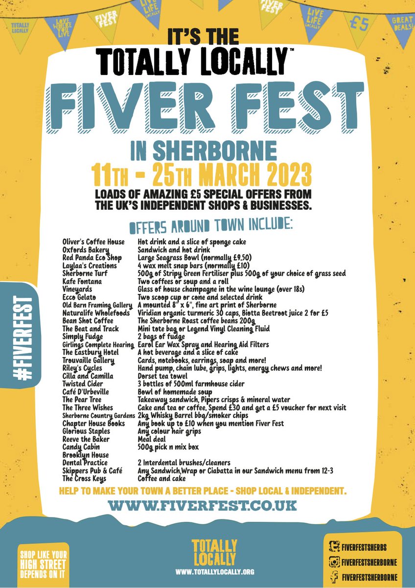 It's coming! Here's the list of businesses taking part in <a href="/1totallylocally/">Totally Locally HQ</a> #FiverFest starting on Saturday. Please support our wonderful local businesses!