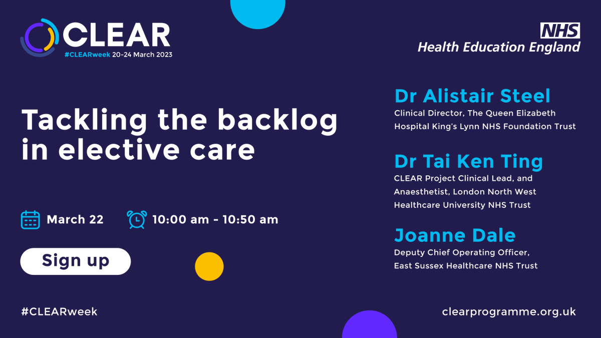 clear4care's tweet photo. #CLEARweek 2023
Sign up to hear two case studies from #NHS trusts - @ESHTNHS and @TeamQEH - that CLEAR supported with their elective #recovery plans and hear from senior leaders from both organisations on their challenges and progress ➡️ https://t.co/21VKGXIhC4
@NHS_HealthEdEng https://t.co/M5dTZ4HnIb