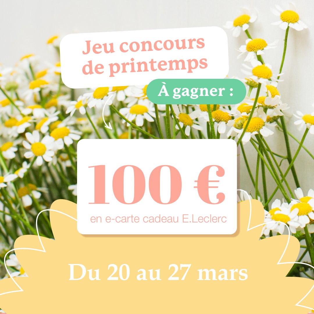 🌼 𝐉𝐄𝐔 𝐂𝐎𝐍𝐂𝐎𝐔𝐑𝐒 🌼

En ce 1er jour de #printemps, tentez de gagner 𝟏𝟎𝟎€ en e-carte cadeau E.Leclerc !

𝗣𝗼𝘂𝗿 𝗽𝗮𝗿𝘁𝗶𝗰𝗶𝗽𝗲𝗿 : 
- RT + follow <a href="/leclercdrive/">leclercdrive</a>  

Bonne chance ! 😊🍀

#jeu #jeuconcours #concours #contest