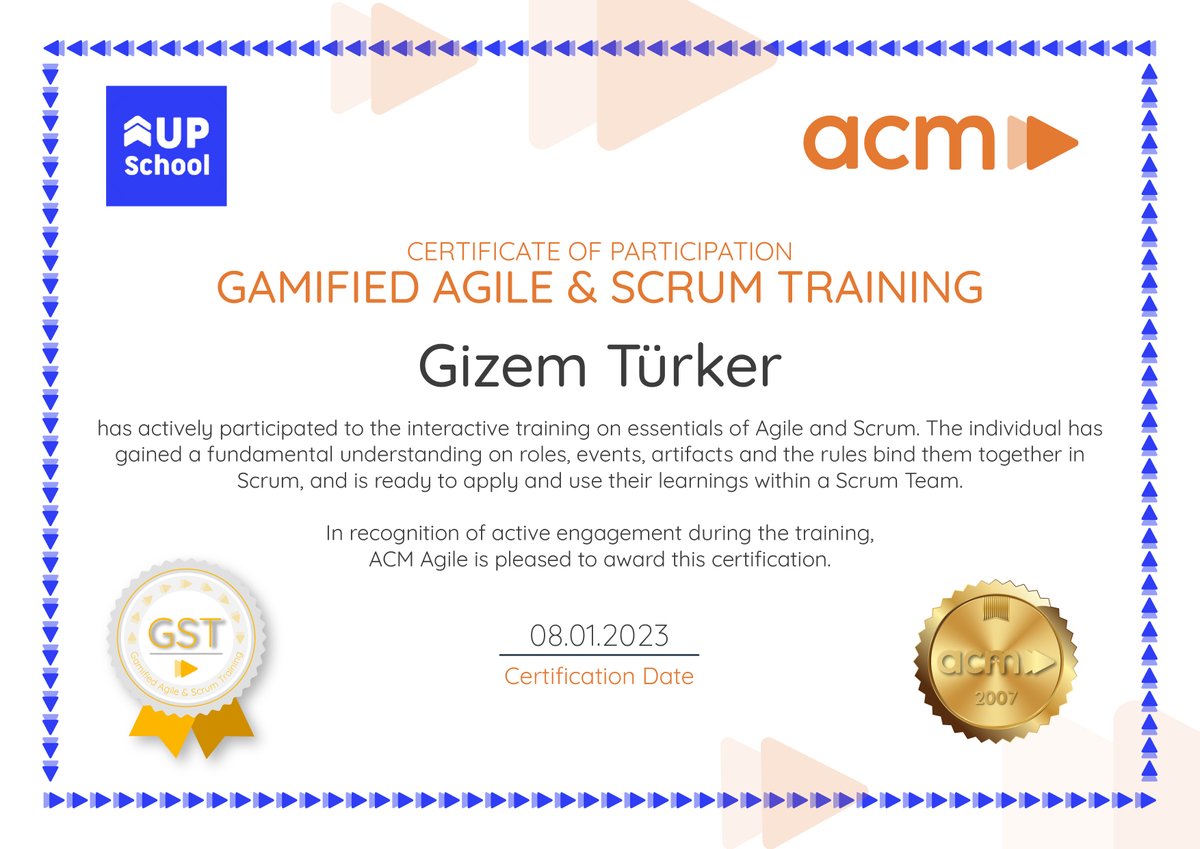 I’m happy to share that I’ve obtained a new certification: Certificate of Participation Gamified Agile Scrum Training from ACM Agile! 💙 @AcmAgile @upschoolio 💙👇🥳