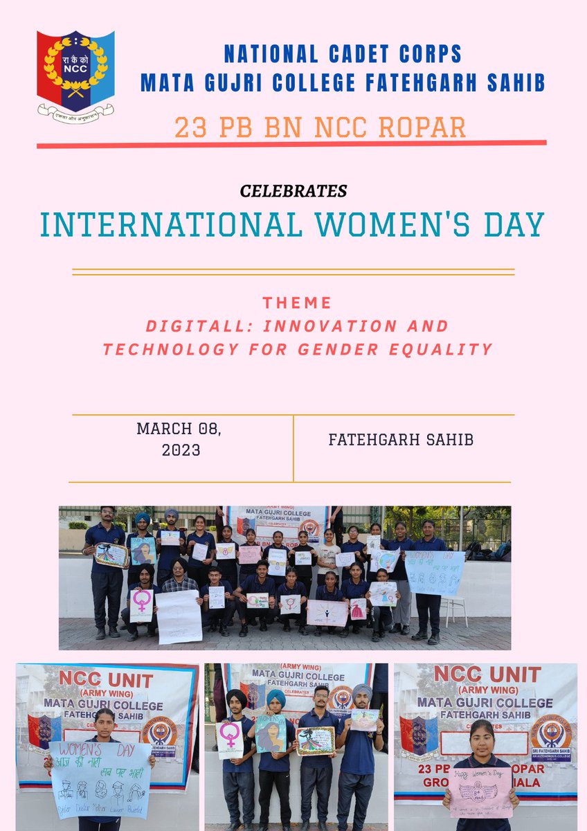 NccMgc's tweet photo. #IWD23 
NCC UNIT of Mata Gujri College Fatehgarh Sahib 23 PB BN NCC ROPAR Celebrates #InternationalWomensDay with a Theme: DIGITAL INNOVATION AND TECHNOLOGY FOR GENDER EQUALITY under the guidance of CTO Pushpinder Singh. 
 #EmbraceEquity
@HQ_DG_NCC
@CPhhp
@NccMgc 
@Pushpinder2112 https://t.co/sfDR4y6ymg