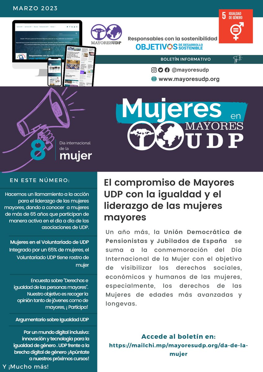 ¡Ya está disponible el último número de la #Newsletter de <a href="/MayoresUDP/">Mayores UDP</a>! 
Dedicado al #DiaDeLaMujer, hablamos sobre igualdad y nuestro compromiso con el liderazgo de las #MujeresMayores.

Os invitamos a conocer todas nuestras iniciativas
➡️mailchi.mp/mayoresudp.org…

#MayoresUDP