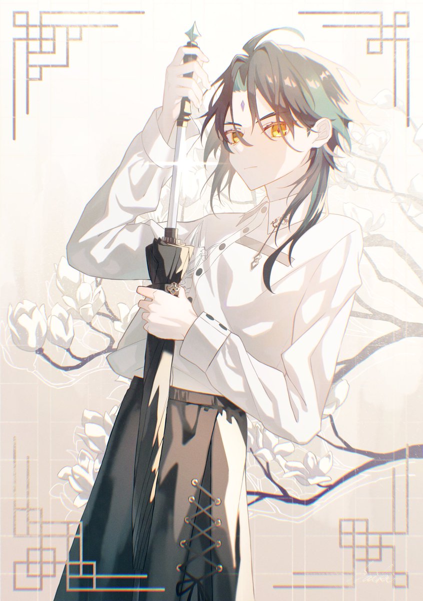 xiao (genshin impact) 1boy male focus solo holding weapon holding weapon yellow eyes  illustration images