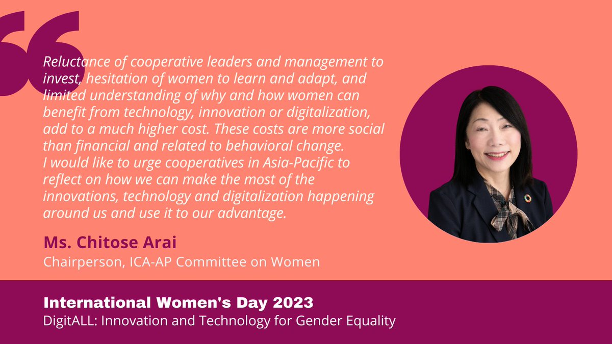 Happy #InternationalWomensDay 2023👩‍💻!! 

#IWD2023 is celebrating #DigitalEquality under '#DigitALL: Innovation and Technology for #GenderEquality'.

A message from Ms. Chitose Arai, Chairperson, ICA-AP Committee on Women.
📜🔗icaap.coop/icanews/intern…

#coops4women @UN_Women
