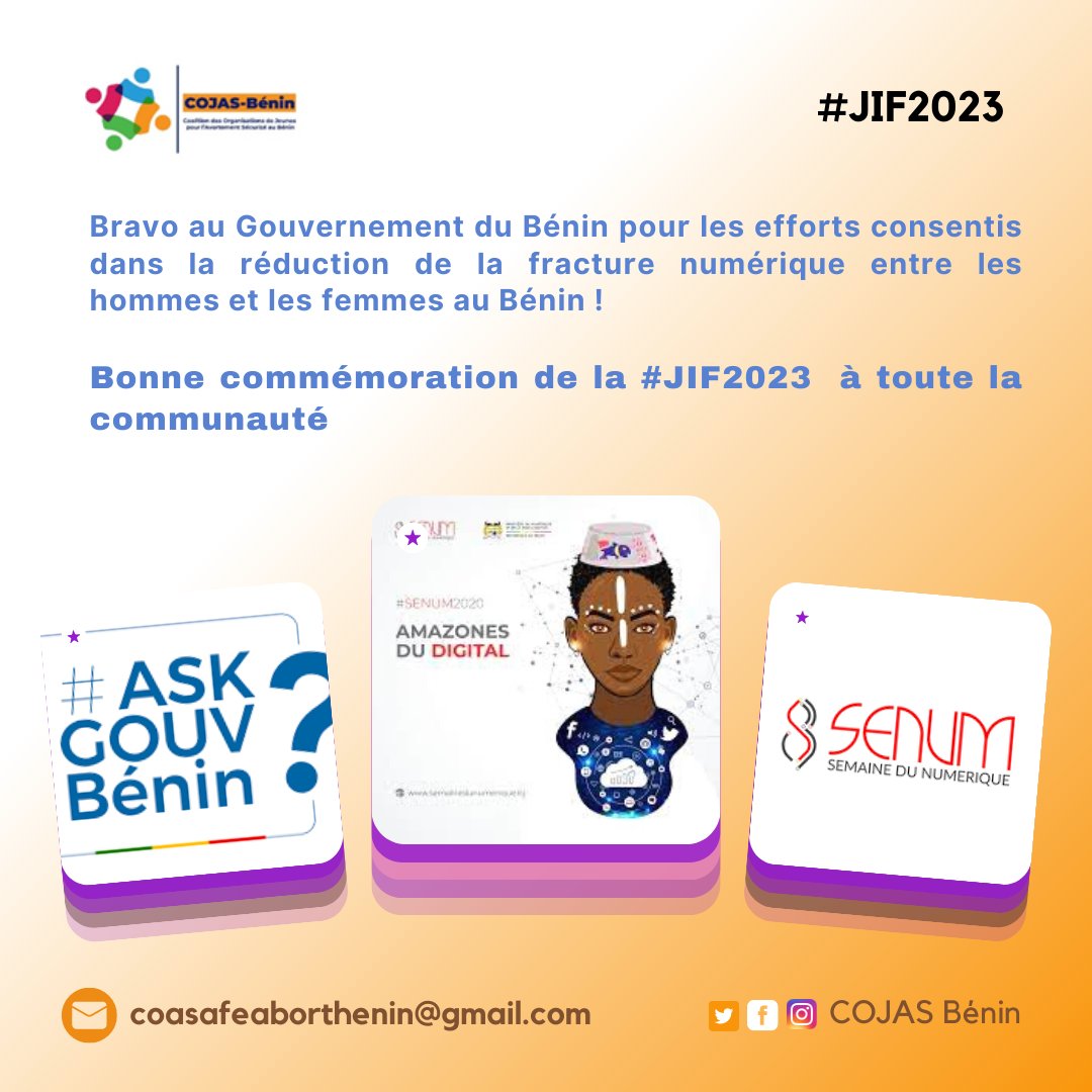CojasBenin's tweet photo. Bravo au @gouvbenin pour les efforts consentis dans la réduction de la fracture numérique entre les hommes et les femmes au Bénin !
Bonne commémoration de la #JIF2023 à toute la communauté
#JIF2023 #DjroTché #COJAS https://t.co/ZrXOFf1HhC
