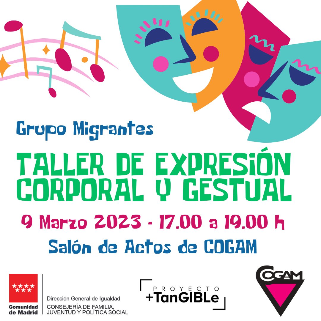 NEXUScogam's tweet image. Te invitamos a participar en el Taller de expresión corporal y gestual

🗓️⏰Mañana, 17h

Actividad abierta a cualquier persona Migrante del colectivo LGTB+

IMPORTANTE: llevar ropa cómoda. Se trabajará descalzos

@cogam