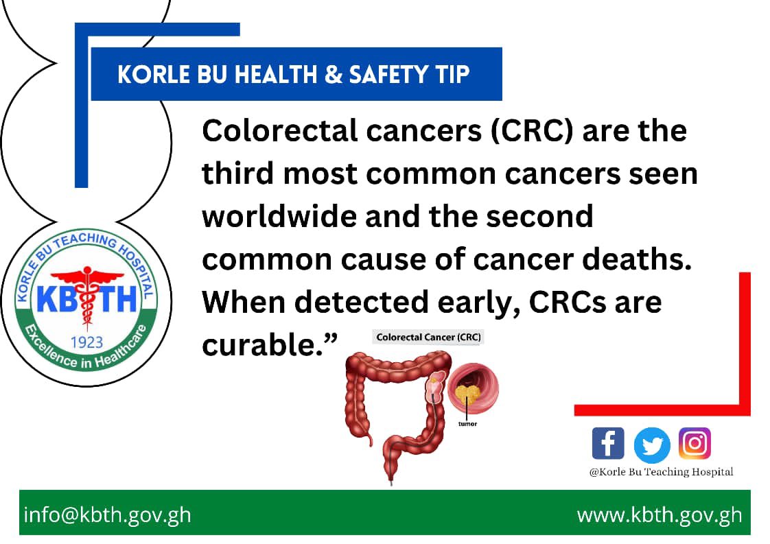 KBTH_GH's tweet photo. Early cases of Colorectal Cancer can begin as non-cancerous polyps. 

These often have no symptoms but can be detected by screening and curable ones seen. 
Screening is very much recommended  for people from ages 45 and over who are likely at high risk.⚕️
#ColorectalCancer https://t.co/El35WxbVQ3