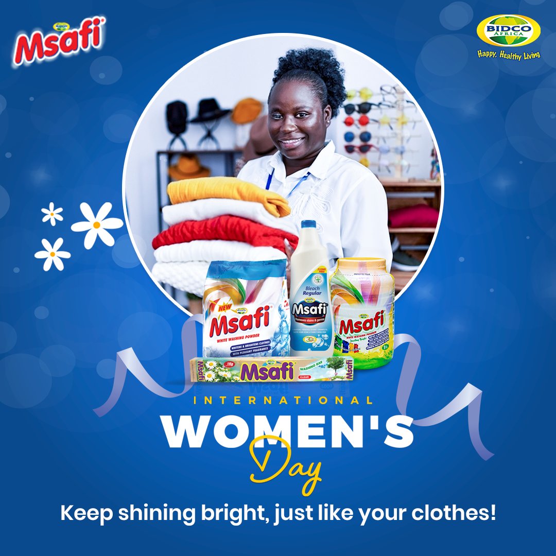 BidcoMsafi's tweet photo. A detergent that works as hard as you do -
Happy #InternationalWomensDay!
#IWD2023
#msafi #bidcoafrica
#laundrydetergent #cleaning #detergent
#womensday2023 #cleaningproducts
#EmbraceEquity #womensday https://t.co/G8KdruteFV
