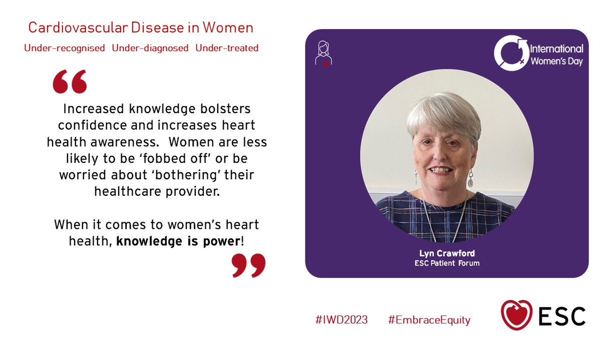 #CardiovascularDisease has many risk factors. Some may play a greater role in the development of CVD in women, such as diabetes, stress, menopause, and pregnancy complications. #Education is key if women are not to be left behind.

#IWD23  #ESCPatientForum #EmbraceEquity