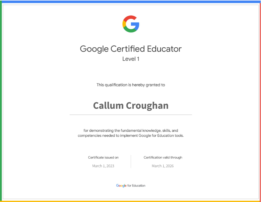 MrCroughan's tweet image. So happy to share that I am now a Level 1 certified @Google educator!🧑‍💻👾🥳 #googleeducator #cpd #learning
