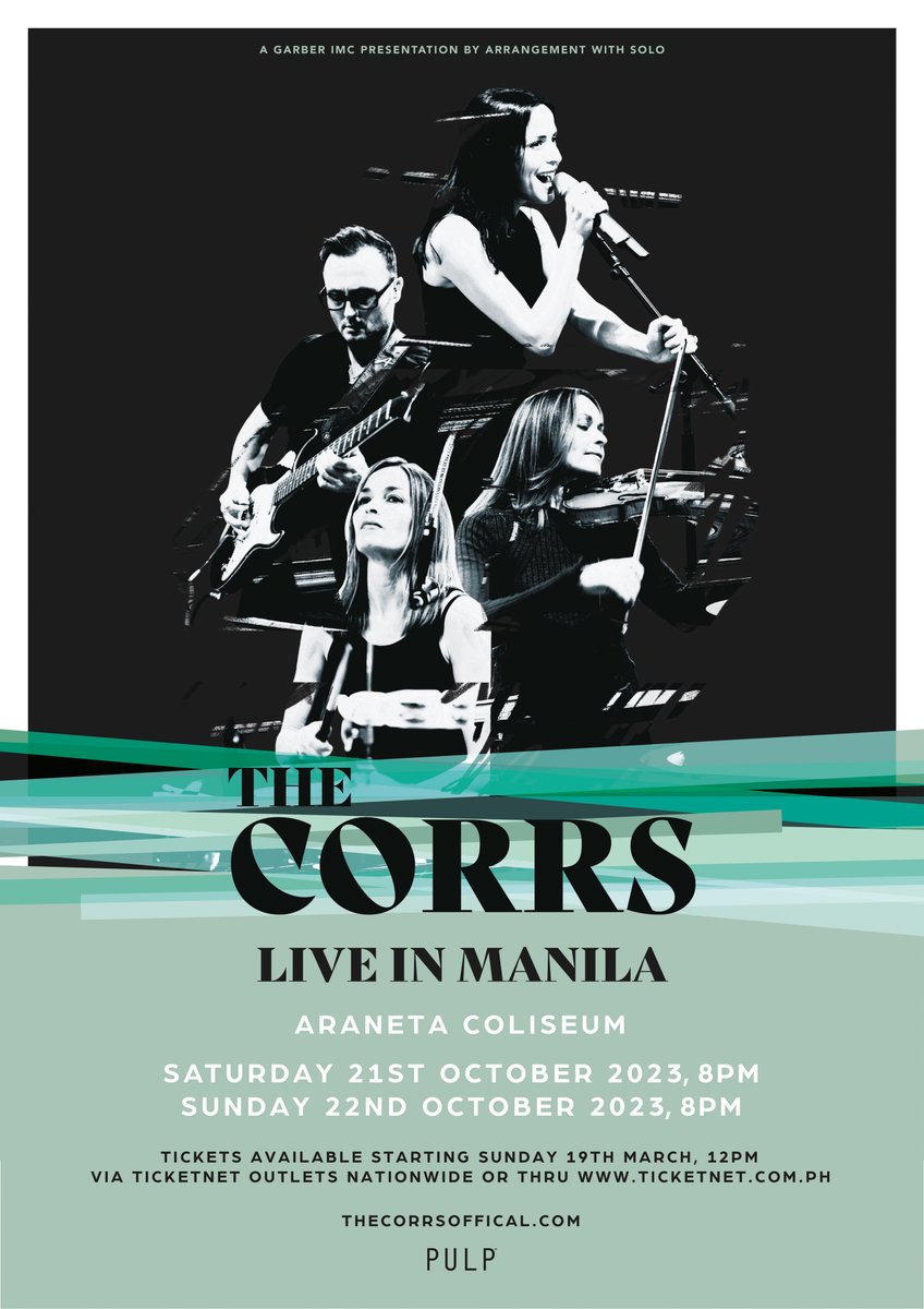 pulpliveworld's tweet photo. Ready to give all the love in the world for The Corrs? The phenomenal Pop Rock sensation is finally coming back to Manila to perform LIVE for 2 consecutive nights for their Filipino fans.
Catch them this October 21-22 at @TheBigDome. #TheCorrsinMNL2023 https://t.co/KkiD3OM8Ie