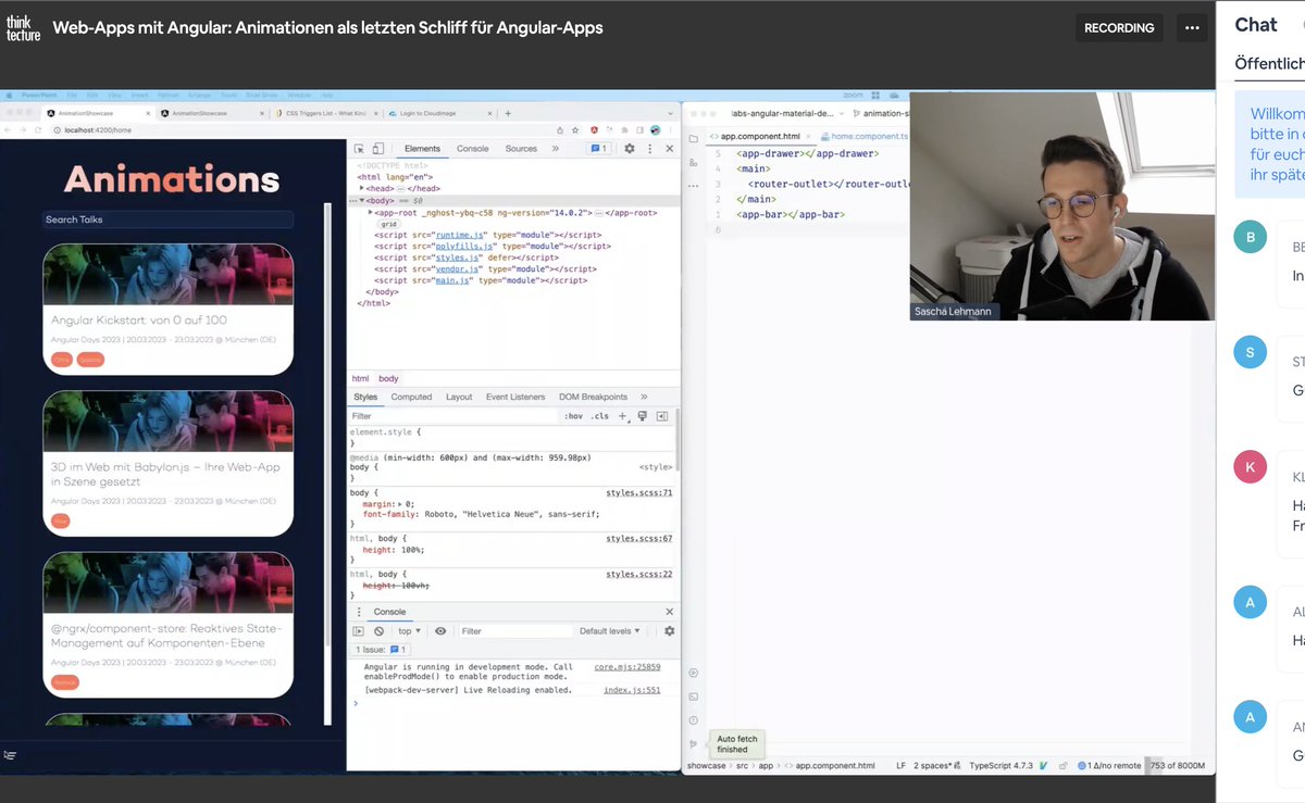 thinktecture's tweet image. 🔴 Jetzt live im #Webinar: #Angular-Experte @derLehmann_S zeigt, wie man seiner Applikation mithilfe von CSS-Animationen und #AngularAnimations den letzten Schliff verleiht ⬇️
bigmarker.com/thinktecture/a…