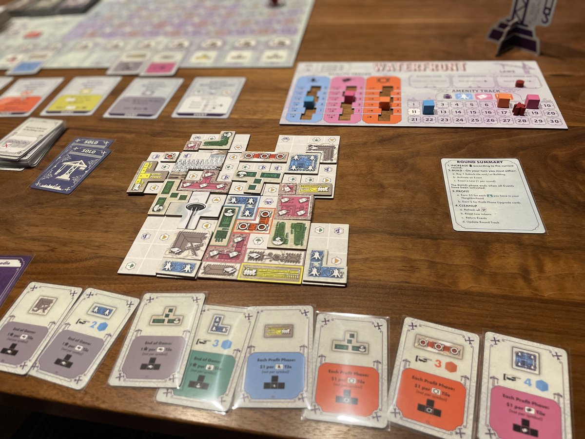 TVJapan1515's tweet photo. Learned the rules and tried a solo game of #RebuildingSeattle. Got 119pts. 1pt short of victory! 😝
This is a tough and satisfying puzzle. Deciding when to build/enact a law/activate an event is always a tough decision. The solo rules are very simple which is always a plus! 🏙️ https://t.co/3vS0plMjTa
