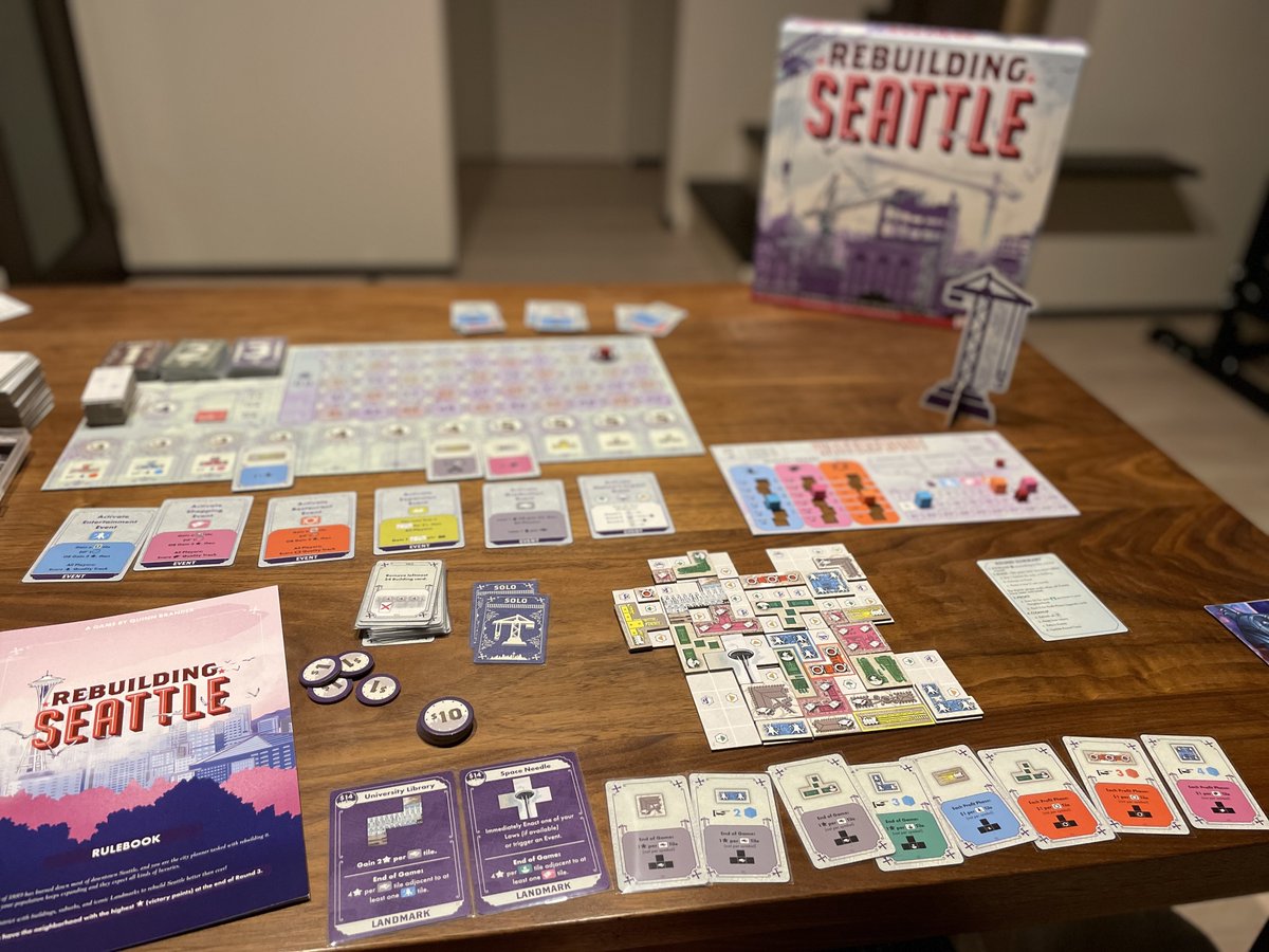 TVJapan1515's tweet photo. Learned the rules and tried a solo game of #RebuildingSeattle. Got 119pts. 1pt short of victory! 😝
This is a tough and satisfying puzzle. Deciding when to build/enact a law/activate an event is always a tough decision. The solo rules are very simple which is always a plus! 🏙️ https://t.co/3vS0plMjTa