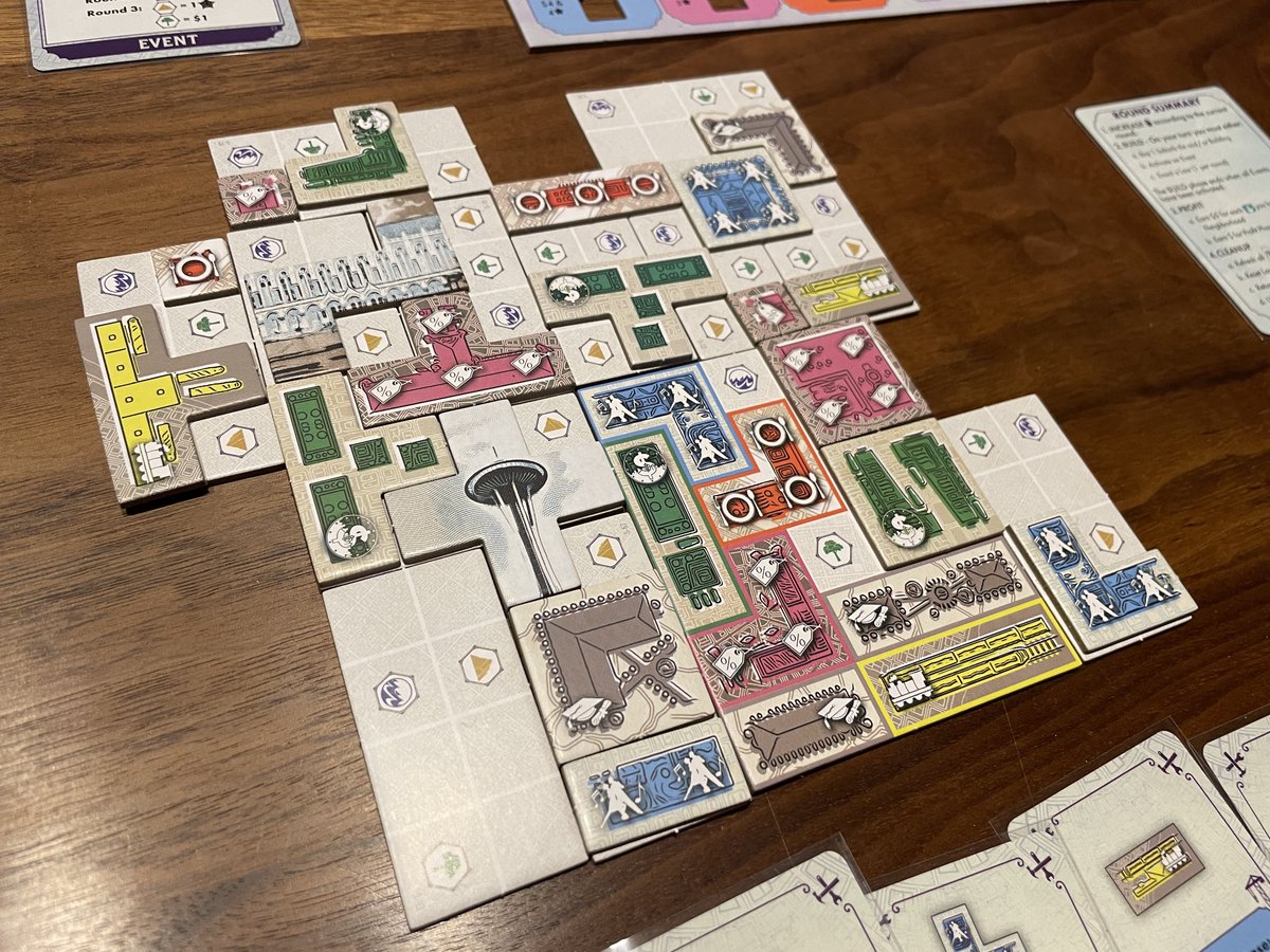 TVJapan1515's tweet photo. Learned the rules and tried a solo game of #RebuildingSeattle. Got 119pts. 1pt short of victory! 😝
This is a tough and satisfying puzzle. Deciding when to build/enact a law/activate an event is always a tough decision. The solo rules are very simple which is always a plus! 🏙️ https://t.co/3vS0plMjTa