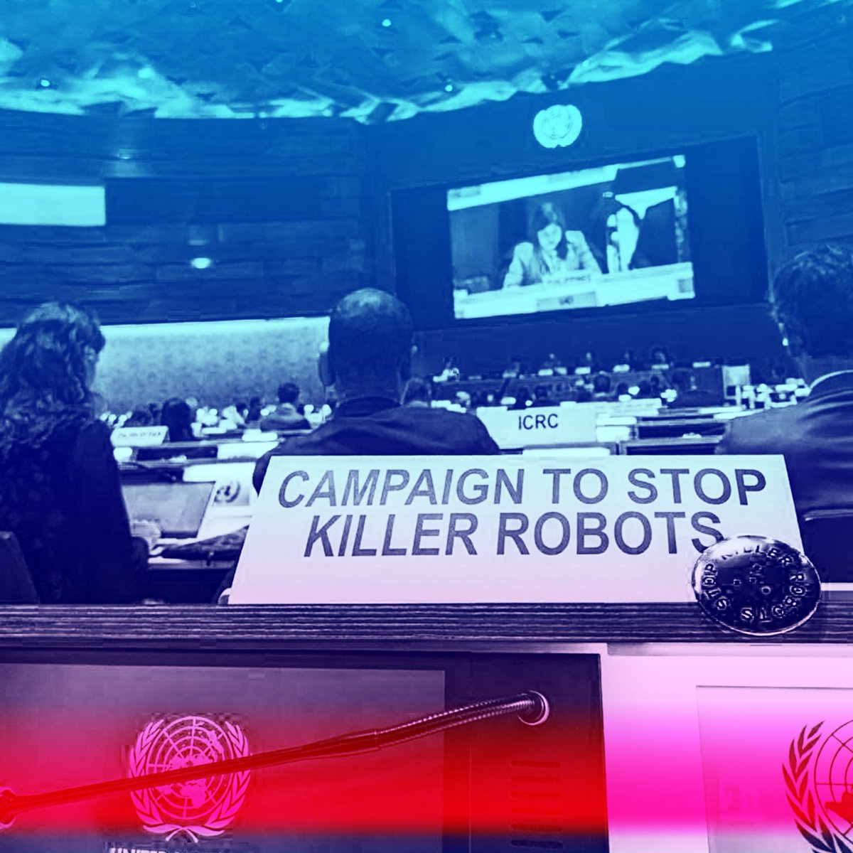 Day 3️⃣of the #CCWUN meetings on #AutonomousWeapons 🇺🇳 #StopKillerRobots campaigners are in the room and watching online from around the 🌍to see what will happen at the #UN this week. We call on states to draw a clear moral and legal line against machines killing people #KeepCtrl