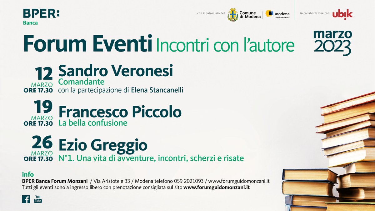 Sandro Veronesi, Francesco Piccolo, Ezio Greggio: tre nuovi incontri con gli autori al BPER Banca Forum Monzani. L'ingresso è libero con prenotazione consigliata sul sito forumguidomonzani.it.Gli
appuntamenti sono visibili in streaming sul nostro canale youtube.com/@bperbancaforu…