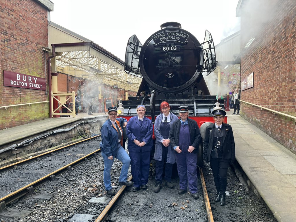 All female crew in front of Flying Scotsman at East Lancs Railway.