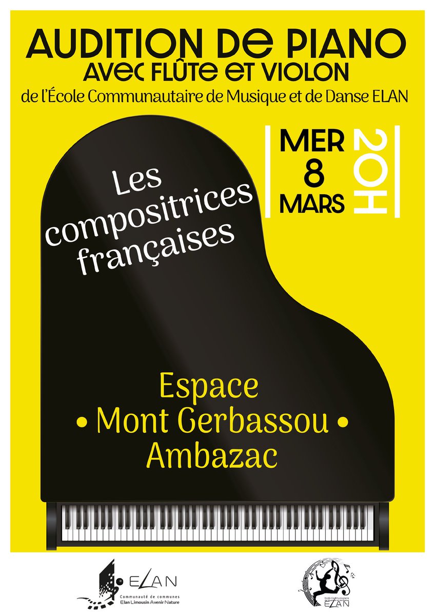 CCElan87's tweet photo. ➡️ Dans le cadre de la #JournéeInternationaleDesDroitsDesFemmes, l'École Communautaire de Musique et de Danse de la @CCElan87, organise une audition de piano autour des compositrices françaises🫶.
   🟣 Ce mercredi 8 mars
   📍 À l'Espace Mont Gerbassou d'Ambazac
   🕣 À 20h00 https://t.co/MZbhjxH3aT